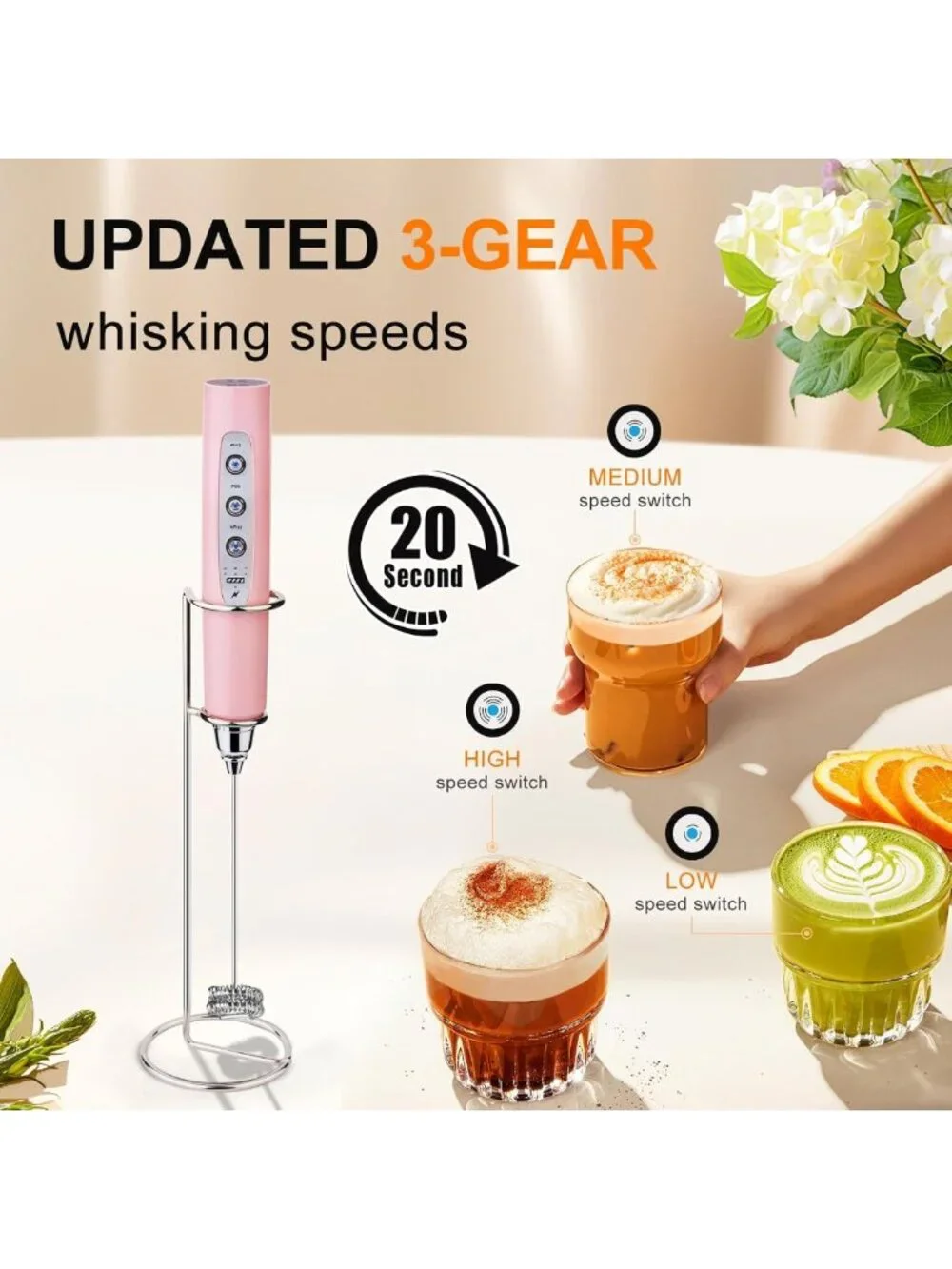 Rechargeable Handheld Milk Frother Wand - 3 Speeds, 3 Heads for Coffee & Drinks